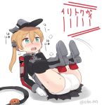  1girl ahenn aqua_eyes black_legwear black_skirt blonde_hair blush commentary_request eyebrows_visible_through_hair flying_sweatdrops hair_between_eyes hat kantai_collection long_hair low_twintails military military_uniform open_mouth panties peaked_cap pleated_skirt prinz_eugen_(kantai_collection) simple_background skirt solo thighhighs translation_request twintails twitter_username underwear uniform white_background white_panties 