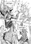  ambiguous_gender anjanath black_and_white blacksaw brute_wyvern capcom chinese_text comic dragon elder_dragon flying_wyvern forest frozen_(movie) legiana monochrome monster_hunter parody partially_translated text translation_request tree velkhana video_games wings 
