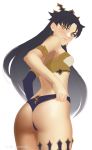  1girl armlet ass asymmetrical_legwear asymmetrical_sleeves back bare_shoulders black_bikini_bottom black_hair black_legwear blush breasts closed_mouth earrings fate/grand_order fate_(series) from_behind gold gold_trim highres hoop_earrings ishtar_(fate/grand_order) jewelry long_hair looking_at_viewer medium_breasts nextoad red_eyes simple_background single_sleeve solo white_bikini_top 