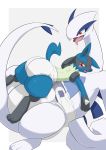  &lt;3 &lt;3_eyes 2019 ambiguous_gender anthro black_body black_fur blue_body blue_fur blush bodily_fluids cute_fangs diaper drooling duo fangs feral fur hand_spike legendary_pok&eacute;mon looking_back lucario lugia lying nintendo nyanyakotarou open_mouth pok&eacute;mon pok&eacute;mon_(species) red_eyes saliva simple_background tears tongue tongue_out video_games wings 