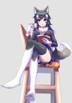 1girl absurdres animal_ear_fluff animal_ears bangs black_hair blazer blue_eyes book boy_(pixiv17542438) chair crossed_legs cup eyebrows_visible_through_hair from_below full_body fur_collar gloves grey_background grey_wolf_(kemono_friends) hand_up heterochromia highres holding holding_cup jacket kemono_friends long_hair long_sleeves looking_at_viewer miniskirt multicolored_hair open_book open_mouth panties pantyshot pantyshot_(sitting) plaid plaid_skirt simple_background sitting skirt solo striped striped_panties tail thighhighs toes two-tone_hair underwear white_hair wolf_ears wolf_girl wolf_tail yellow_eyes 