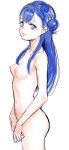  1girl absurdres bangs blue_eyes blue_hair blush breasts character_request closed_mouth collarbone eyebrows_visible_through_hair from_side hair_bun highres hisaki lips long_hair looking_at_viewer looking_to_the_side medium_breasts navel nipples nude perky_breasts precure side_bun simple_background smile solo 