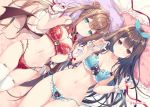  2girls ass_visible_through_thighs bare_arms bare_shoulders blue_bra blue_eyes blue_panties bra breasts brown_eyes brown_hair cleavage collarbone commentary_request demon_wings double_bun gloves hair_ribbon hands_up heart_cutout large_breasts lingerie long_hair looking_at_viewer lying miwabe_sakura multi-strapped_panties multiple_girls navel on_back original panties partly_fingerless_gloves pillow red_bra red_panties red_ribbon ribbon side-tie_panties sidelocks skindentation smile stomach thighhighs thighs twintails twitter_username underwear underwear_only untied untied_panties very_long_hair white_gloves white_legwear wings 