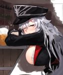  1girl alcohol azur_lane bangs bar beer beer_mug black_headwear blush bottle breasts commentary_request cup drinking_glass drunk eyebrows_visible_through_hair graf_zeppelin_(azur_lane) hat hiccup indoors jacket kasuka_(kusuki) large_breasts long_hair long_sleeves messy_hair one_eye_closed open_mouth peaked_cap red_eyes silver_hair sitting solo sweat uniform very_long_hair 