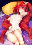  1girl ange_katrina bed blush breasts commentary_request condom cum embarrassed fingernails hair_between_eyes hair_ornament hairclip highres jacket looking_at_viewer lying moketa nijisanji pillow purple_eyes red_hair short_hair small_breasts solo sweat used_condom virtual_youtuber 