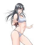  1girl absurdres asashio_(kantai_collection) backpack bag black_hair blue_eyes bra breasts collarbone commentary_request contrapposto cowboy_shot grey_bra grey_panties highres kantai_collection long_hair navel open_mouth panties randoseru simple_background small_breasts smile solo sozan sports_bra standing underwear white_background 