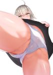  1girl ahoge bangs black_skirt blush eyebrows_visible_through_hair fate/apocrypha fate_(series) from_below highres jeanne_d&#039;arc_(alter)_(fate) jeanne_d&#039;arc_(fate)_(all) lifted_by_self looking_at_viewer panties pleated_skirt short_hair sidelocks sikijou77o silver_hair simple_background skirt skirt_lift solo thighs tsurime underwear v-shaped_eyebrows white_background white_panties yellow_eyes 
