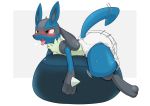  2019 ambiguous_gender anthro bean_bag blush breath chest_spike diaper dry_humping furgonomics hand_spike hi_res invalid_tag lucario motion_lines nintendo nyanyakotarou open_mouth pok&eacute;mon pok&eacute;mon_(species) red_eyes shaking solo spikes sweat_drops tongue tongue_out video_games 