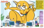  2019 4_fingers aggressive_retsuko ailurid anai_(aggretsuko) anthro areola big_breasts black_nose blush breasts brown_nipples canid canine cellphone clothing computer digital_media_(artwork) english_text female fingers fur group growth hi_res holding_object holding_phone huge_breasts laptop looking_at_another macro mammal nafyo-toons nipples nude phone pussy red_panda retsuko sanrio shocked smartphone story text torn_clothing 