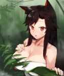  1girl animal_ear_fluff animal_ears bangs bare_shoulders black_hair blush breasts cleavage collarbone commentary_request hand_on_own_chest imaizumi_kagerou kasuka_(kusuki) large_breasts long_hair looking_at_viewer open_mouth outdoors plant red_eyes sidelocks solo strapless sweat touhou tubetop upper_body wolf_ears 