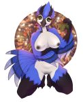  anthro avian beak bird blue_jay breasts christmas corvid digital_media_(artwork) female hi_res holidays holly_(plant) jay_(bird) kneeling medium_breasts new_world_jay nipples nude plant solo wide_hips wings winter yasuokakitsune 