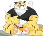  ... 2019 anthro belly clothing felid humanoid_hands hyaku_(artist) japanese_text male mammal pantherine shirt sitting solo text tiger tired topwear underwear 