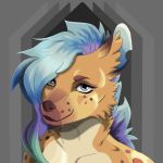  2019 anthro blue_hair brown_body brown_fur digital_media_(artwork) female fur hair headshot hi_res hyaenid looking_at_viewer mammal prismanoodle_(artist) simple_background smile solo spots spotted_body spotted_fur 