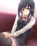  1girl artist_name asashio_(kantai_collection) bangs belt black_dress black_hair black_legwear blue_eyes buttons collared_shirt couch dated dress highres kantai_collection long_hair long_sleeves looking_at_viewer neck_ribbon nuka_(nvkka) pinafore_dress pleated_dress red_neckwear red_ribbon remodel_(kantai_collection) ribbon shirt sitting sleeveless sleeveless_dress smile solo thighhighs twitter_username white_shirt 