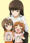 3girls :d ^_^ bangs black_hair blunt_bangs blush_stickers brown_hair child_drawing closed_eyes collarbone collared_shirt crayon drawing eyebrows_visible_through_hair girls_und_panzer hair_between_eyes hand_on_another&#039;s_head kanau long_hair long_sleeves mother_and_daughter multiple_girls nishizumi_maho nishizumi_miho nishizumi_shiho open_mouth shiny shiny_hair shirt short_hair short_sleeves siblings sisters smile white_shirt yellow_background younger 