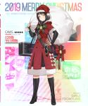  1girl alternate_costume bag bangs bell black_bow black_footwear black_hair black_shirt blush boots bow breasts caws_(girls_frontline) character_name christmas dress expressionless full_body fur-trimmed_dress girls_frontline goggles haijin hand_on_hip hat high_heel_boots high_heels highres holding holding_bag hood hood_down hooded_dress knee_boots long_sleeves looking_at_viewer makeup medium_breasts official_art red_dress sack santa_hat shirt short_hair short_sleeves sidelocks solo turtleneck weapon_case yellow_eyes zipper 