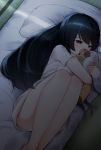  1girl bandages bangs black_eyes black_hair blush commentary fetal_position futon gareki_(pandanokami) girls_und_panzer half-closed_eyes highres holding holding_stuffed_animal long_hair lying no_hairband no_pants on_bed on_side pillow reizei_mako shirt short_sleeves sleepwear solo stuffed_animal stuffed_toy white_shirt 