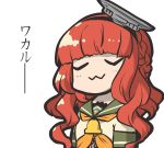  1girl :3 bangs bell blunt_bangs braid closed_eyes curly_hair de_ruyter_(kantai_collection) green_sailor_collar hairband headgear kantai_collection long_hair orange_neckwear red_hair sailor_collar simple_background solo translated white_background yoshi_tama 