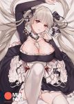  1girl azur_lane bangs bare_shoulders between_breasts black_dress blush breasts cleavage dress earrings eyebrows_visible_through_hair formidable_(azur_lane) frilled_dress frills grey_hair hair_ribbon jewelry large_breasts long_hair long_sleeves looking_at_viewer lying muunai on_back red_eyes ribbon solo thighhighs twintails two-tone_dress two-tone_ribbon very_long_hair white_legwear 