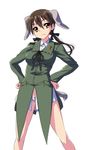  animal_ears brown_eyes brown_hair gertrud_barkhorn hands_on_hips military military_uniform nekomamire panties solo strike_witches tail twintails underwear uniform world_witches_series 