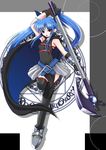  artist_request belt black_legwear blue_hair cape long_hair lyrical_nanoha mahou_shoujo_lyrical_nanoha mahou_shoujo_lyrical_nanoha_a's mahou_shoujo_lyrical_nanoha_a's_portable:_the_battle_of_aces material-l open_mouth red_eyes sidelocks skirt solo thighhighs twintails very_long_hair vulnificus weapon 