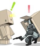  1boy beretta_92 box cardboard_box crossover danboo gun handgun male_focus metal_gear_(series) metal_gear_solid pistol simple_background sjw_kazuya snake_box_sneak solid_snake solo suppressor surprised weapon white_background yotsubato! 