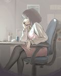 akio-bako chair chin_rest coffee crossed_legs mouse_(computer) office_chair office_lady original pantyhose pencil_skirt sitting skirt solo 