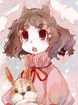  animal_ears brown_hair bunny_ears chachi_(azuzu) inaba_tewi open_mouth red_eyes short_hair solo staring stuffed_animal stuffed_bunny stuffed_toy teeth touhou 