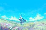 bad_id bad_pixiv_id blue_eyes blue_hair cloud com_kom day detached_sleeves field flower flower_field hand_on_own_chest hatsune_miku long_hair music necktie open_mouth petals poppy_(flower) salvia singing skirt sky solo standing thighhighs twintails very_long_hair vocaloid wind 