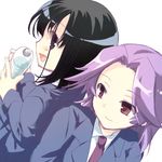  back-to-back black_hair bottle cha_(mika) kajiki_yumi long_hair lowres multiple_girls purple_hair saki short_hair smile touyoko_momoko tsuruga_school_uniform 