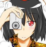  black_hair blush camera close-up hat highres katagiri_jin looking_at_viewer red_eyes shameimaru_aya smile solo tokin_hat touhou 