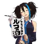  bare_shoulders black_hair blue_neckwear calligraphy_brush detached_sleeves gloves headphones mukki nail_polish navel necktie open_mouth paintbrush red_nails simple_background single_glove smile solo translated twintails utau white_background yokune_ruko 