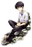  belt black_hair blue_eyes evangelion:_2.0_you_can_(not)_advance full_body holding_arm ikari_shinji looking_away male_focus neon_genesis_evangelion rebuild_of_evangelion rock school_uniform shoes short_sleeves simple_background sitting sneakers solo togetsuhou 