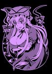  black_background bow breasts cleavage crossed_arms dress gap hair_bow hat large_breasts long_hair macaroni_and_cheese monochrome purple simple_background smile solo touhou yakumo_yukari 