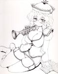  boots breasts cleavage curvy garter_straps greyscale hat instrument large_breasts merlin_prismriver monochrome okiraku_nikku panties solo thighhighs thighs touhou trumpet underwear 