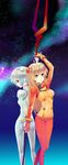  aqua_eyes arm_up ayanami_rei back-to-back bad_id bad_pixiv_id bodysuit brown_hair highres holding_hands lance lance_of_longinus long_hair looking_back multicolored multicolored_bodysuit multicolored_clothes multiple_girls neon_genesis_evangelion orange_bodysuit plugsuit polearm profile rebuild_of_evangelion red_bodysuit red_eyes shikinami_asuka_langley short_hair silver_hair skin_tight souryuu_asuka_langley spear test_plugsuit wakatomo weapon white_bodysuit 