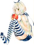  apple blue_nails food fruit green_eyes hair_ribbon harikamo holding holding_food holding_fruit nail_polish open_mouth original ribbon short_hair sitting solo striped striped_legwear thighhighs traditional_media watercolor_(medium) white_hair 