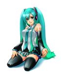  aqua_eyes aqua_hair detached_sleeves hatsune_miku headphones headset ko-on_(ningen_zoo) long_hair necktie sitting skirt smile solo thighhighs twintails very_long_hair vocaloid zettai_ryouiki 