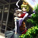  :&lt; animal_ears animal_print blonde_hair blurry capelet day depth_of_field dowsing_rod grey_hair hair_ornament height_difference hug looking_down looking_up mouse_ears multiple_girls nazrin outdoors red_eyes shawl short_hair smile standing sweatdrop tiger_print toramaru_shou touhou umigarasu_(kitsune1963) yellow_eyes 