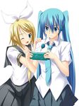  aqua_eyes aqua_hair blonde_hair blue_eyes hair_ornament hair_ribbon hairclip handheld_game_console hatsune_miku headphones highres kagamine_rin koikeya long_hair multiple_girls necktie one_eye_closed playstation_portable ribbon skirt twintails very_long_hair vocaloid 