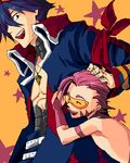  bad_deviantart_id bad_id blue_hair boota choker corset glasses hand_on_another's_head happy hug lolalol lowres male_focus multiple_boys older orange_background personification red_hair simon spoilers star starry_background tengen_toppa_gurren_lagann trench_coat younger 