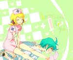  1girl bandaid couple digital_media_player genderswap genderswap_(ftm) happy hatsune_mikuo headphones hetero highres kagamine_rin music nia_(four_winds) nurse vocaloid 