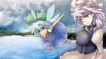  aaii blue_eyes blue_hair bow breasts cirno flying hair_bow hat large_breasts letty_whiterock multiple_girls short_hair touhou water wings 