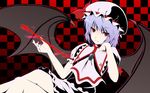  bat_wings blue_hair checkered chin_rest gayprince hat highres red_eyes remilia_scarlet solo spear_the_gungnir touhou wings 