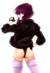  ass bad_id bad_pixiv_id fingerless_gloves ghost_in_the_shell ghost_in_the_shell_stand_alone_complex gloves hand_on_hip highres jacket kusanagi_motoko leotard looking_back matano_maya profile purple_hair red_eyes short_hair simple_background sleeves_rolled_up solo standing thighhighs thumbs_up 