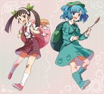  backpack bag bakemonogatari blue_eyes blue_hair crossover food_themed_clothes hachikuji_mayoi hair_bobbles hair_ornament hat itsuki_(otsugei) kawashiro_nitori key legs monogatari_(series) multiple_girls red_eyes short_hair touhou twintails two_side_up 