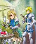 2boys apple armor blonde_hair blue_eyes braid flynn_scifo food fruit green_background multiple_boys pikohan red_eyes short_hair sodia sword table tales_of_(series) tales_of_vesperia thighhighs weapon witcher 