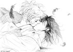  1girl couple feathers greyscale hetero higuchi_yuuri howl_(howl_no_ugoku_shiro) howl_no_ugoku_shiro kiss monochrome sketch sophie_(howl_no_ugoku_shiro) traditional_media 