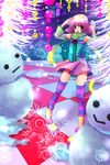  bad_id bad_pixiv_id blush checkered detached_sleeves highres kobanzame open_mouth original pink_eyes scarf short_hair skirt smile snow snowflakes snowman solo striped striped_legwear thighhighs winter zettai_ryouiki 