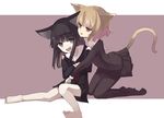  :p animal_ears barefoot black_hair blonde_hair cat_ears cat_tail feet multiple_girls nekomegane original pantyhose school_uniform tail tongue tongue_out yuri 